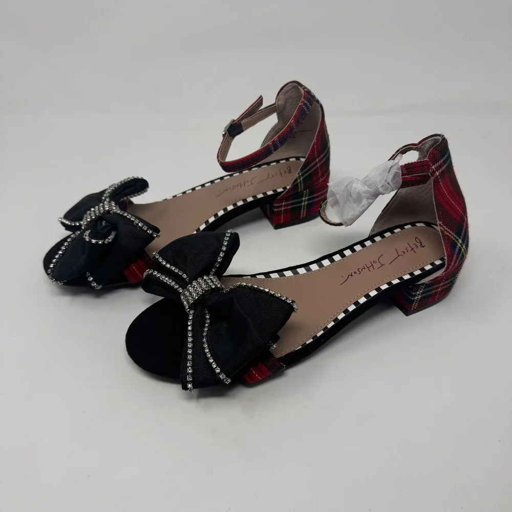 Betsey Johnson ZAYLE Kids Red Plaid Rhinestone Bow Ankle Strap Sandals‎ Size 5M